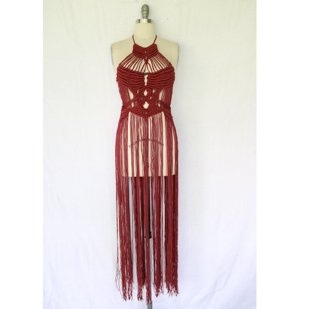 Vintage 60s hippie MACRAME crochet halter tunic dress fringe beaded Free People - Picture 5 of 11